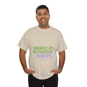 Energy: 2%. Motivation: Also 2%. T-Shirt