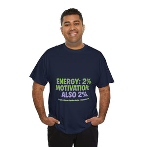 Energy: 2%. Motivation: Also 2%. T-Shirt